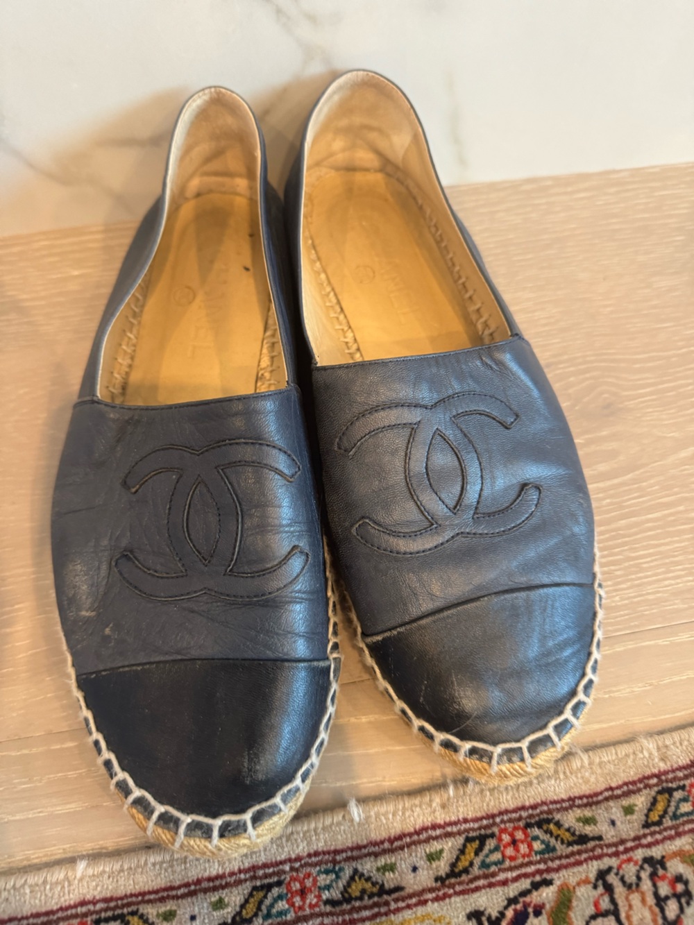 CHANEL Black Leather Espadrille Flats with CC Logo